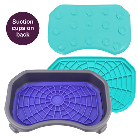 Purple and aquamarine Neat-Lik Express licking mats for dogs and cats, with the purple mat shown in its grey mess-proof tray and suction cups on the back