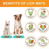 Benefits of the aquamarine Neat-Lik Express licking mat for dogs and cats: reduces anxiety, cures boredom, stops chewing, promotes dental health, non-toxic TPE, suits all sized pets
