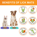 Benefits of the purple and aquamarine Neat-Lik Express licking mats for dogs and cats: reduces anxiety, cures boredom, stops chewing, promotes dental health, non-toxic TPE, suits all sized pets