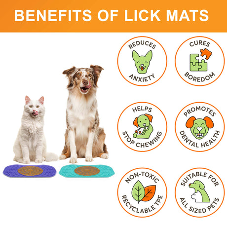 Benefits of the purple and aquamarine Neat-Lik Express licking mats for dogs and cats: reduces anxiety, cures boredom, stops chewing, promotes dental health, non-toxic TPE, suits all sized pets