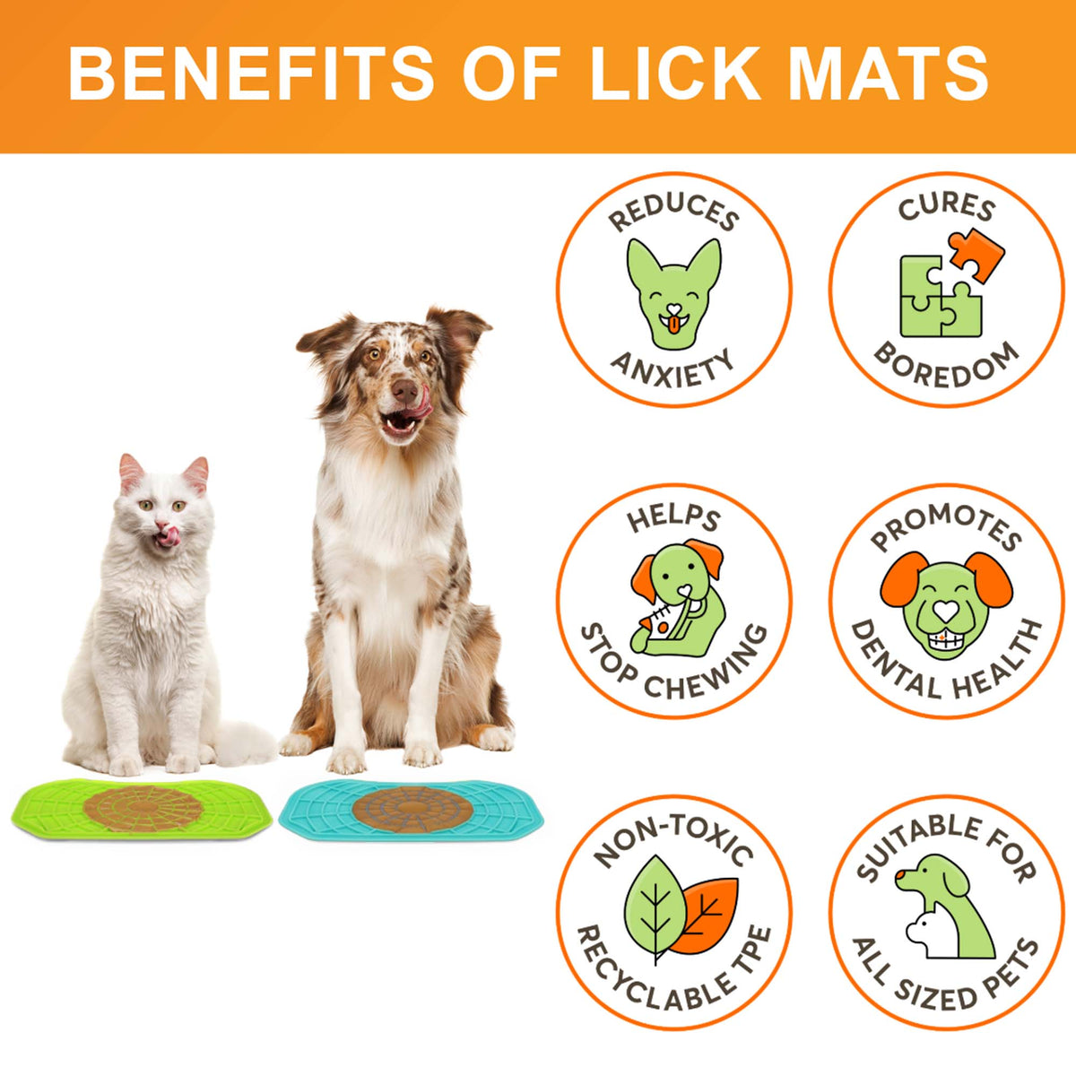 Benefits of the green and aquamarine Neat-Lik Express licking mats for dogs and cats: reduces anxiety, cures boredom, stops chewing, promotes dental health, non-toxic TPE, suits all sized pets