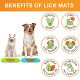 Benefits of the green and aquamarine Neat-Lik Express licking mats for dogs and cats: reduces anxiety, cures boredom, stops chewing, promotes dental health, non-toxic TPE, suits all sized pets