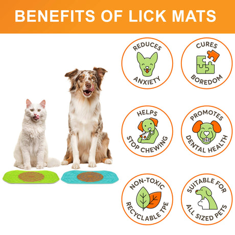 Benefits of the green and aquamarine Neat-Lik Express licking mats for dogs and cats: reduces anxiety, cures boredom, stops chewing, promotes dental health, non-toxic TPE, suits all sized pets