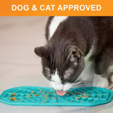 Dog and cat approved: a grey and white cat licks treats from an aquamarine Neat-Lik Express mat