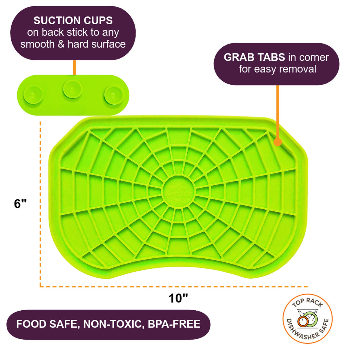 Green Neat-Lik Express licking mat for dogs and cats, 10 by 6 inches, with suction cups on the back that stick to any smooth, hard surface and corner grab tabs; food safe, non-toxic and BPA-free