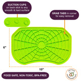 Green Neat-Lik Express licking mat for dogs and cats, 10 by 6 inches, with suction cups on the back that stick to any smooth, hard surface and corner grab tabs; food safe, non-toxic and BPA-free