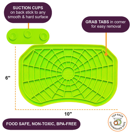 Green Neat-Lik Express licking mat for dogs and cats, 10 by 6 inches, with suction cups on the back that stick to any smooth, hard surface and corner grab tabs; food safe, non-toxic and BPA-free