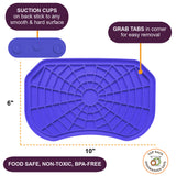 Purple Neat-Lik Express licking mat for dogs and cats, 10 by 6 inches, with suction cups on the back that stick to any smooth, hard surface and corner grab tabs; food safe, non-toxic and BPA-free