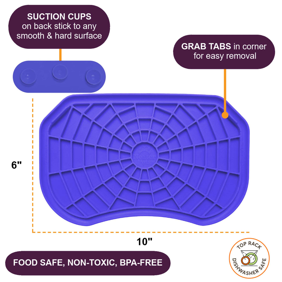 Purple Neat-Lik Express licking mat for dogs and cats, 10 by 6 inches, with suction cups on the back that stick to any smooth, hard surface and corner grab tabs; food safe, non-toxic and BPA-free