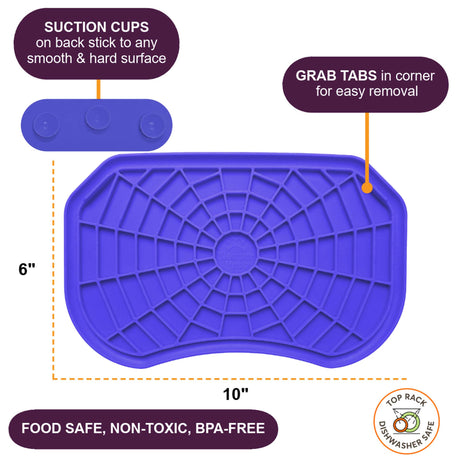 Purple Neat-Lik Express licking mat for dogs and cats, 10 by 6 inches, with suction cups on the back that stick to any smooth, hard surface and corner grab tabs; food safe, non-toxic and BPA-free