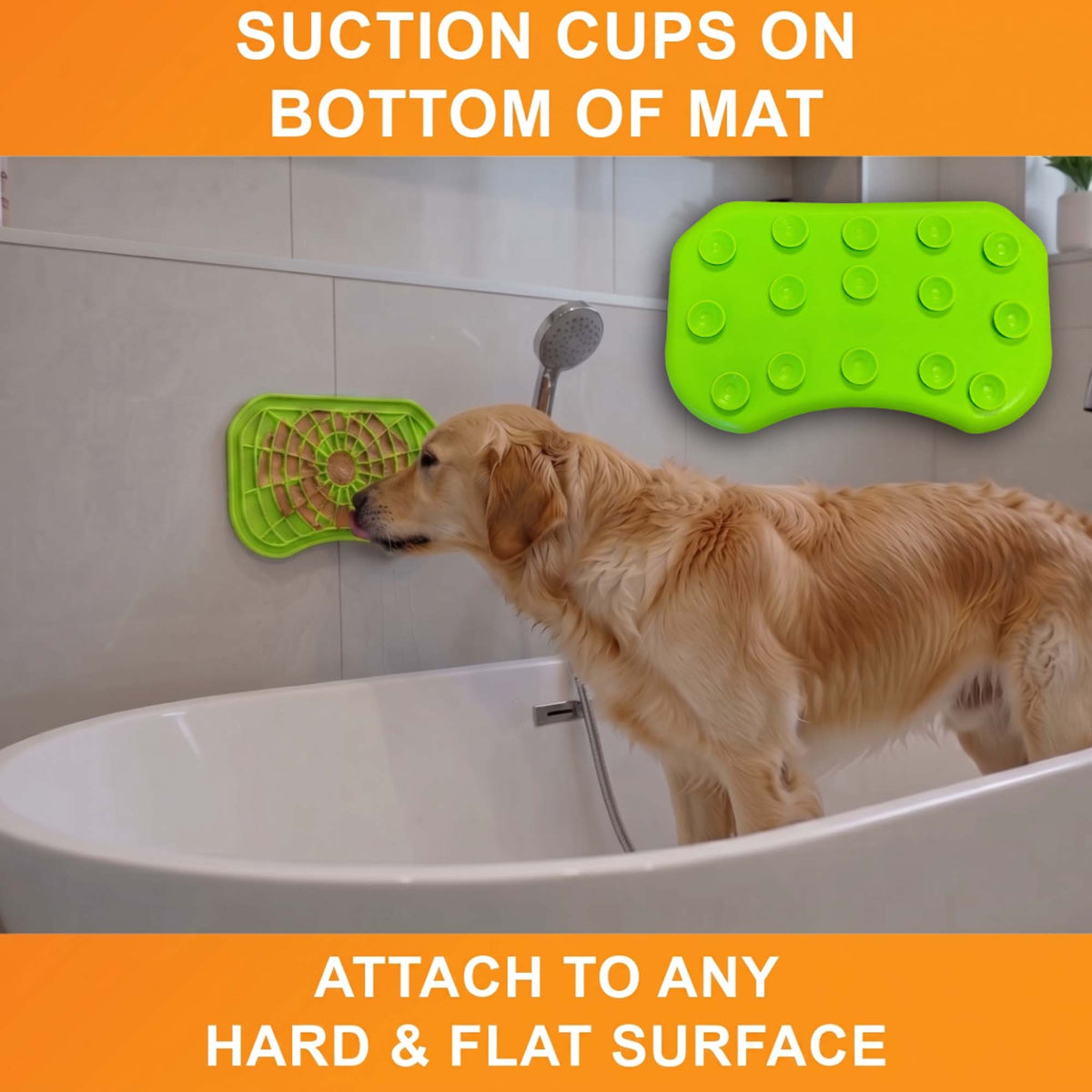 Suction cups on the bottom of the green Neat-Lik Express licking mat attach it to any hard, flat surface, here a bathtub wall for a golden retriever