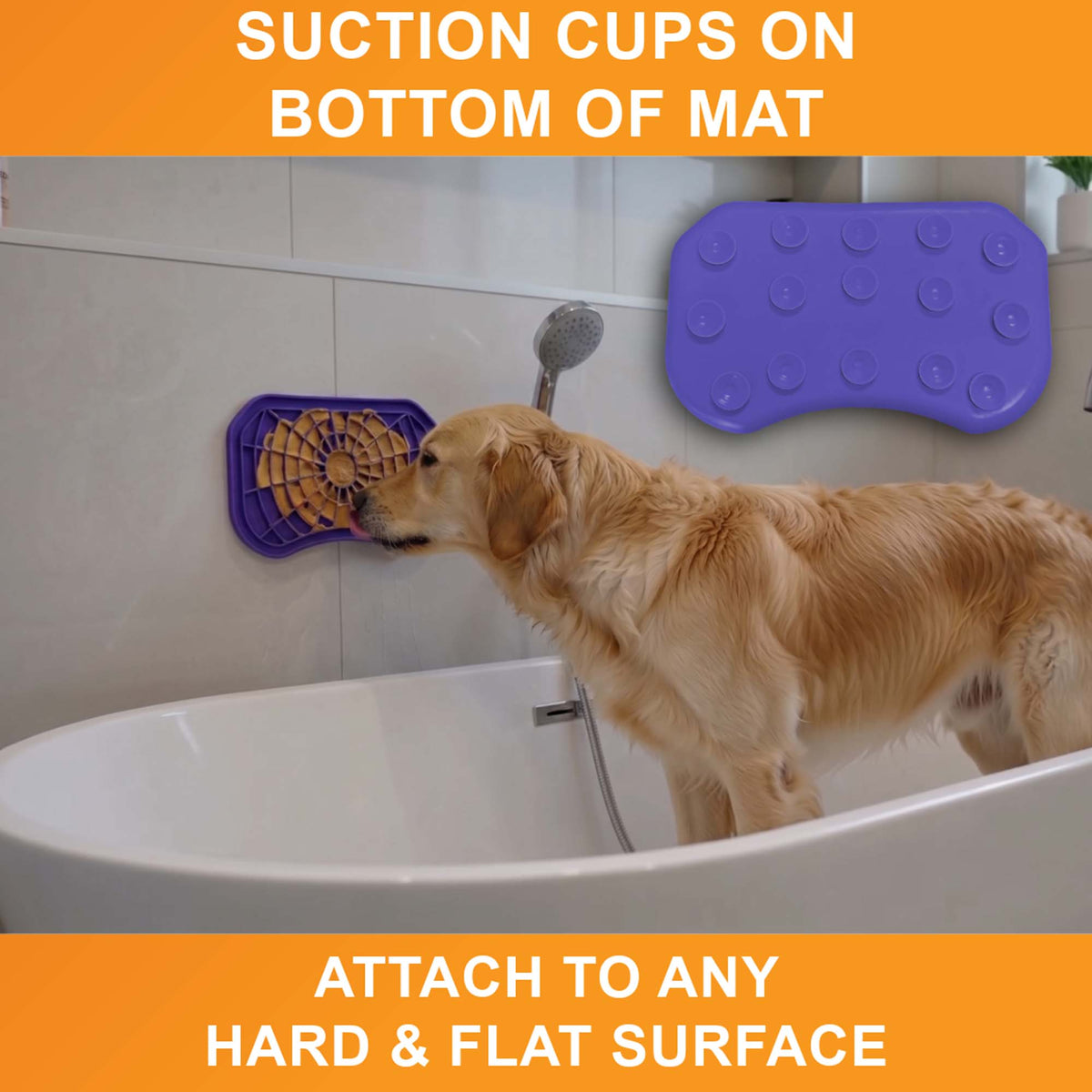 Suction cups on the bottom of the purple Neat-Lik Express licking mat attach it to any hard, flat surface, here a bathtub wall for a golden retriever