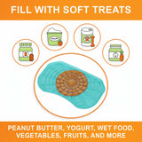 Fill the aquamarine Neat-Lik Express licking mat for dogs and cats with soft treats: peanut butter, yogurt, wet food, vegetables, fruits and more