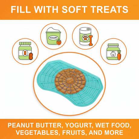 Fill the aquamarine Neat-Lik Express licking mat for dogs and cats with soft treats: peanut butter, yogurt, wet food, vegetables, fruits and more