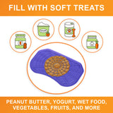 Fill the purple Neat-Lik Express licking mat for dogs and cats with soft treats: peanut butter, yogurt, wet food, vegetables, fruits and more