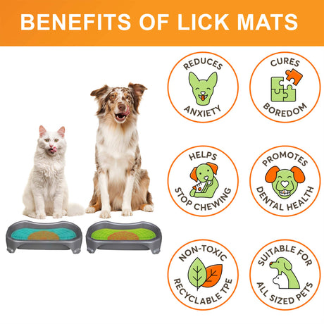 Benefits of the green and aquamarine Neat-Lik Express licking mats for dogs and cats: reduces anxiety, cures boredom, stops chewing, promotes dental health, non-toxic TPE, suits all sized pets