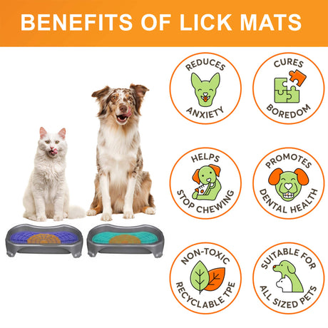 Benefits of the purple and aquamarine Neat-Lik Express licking mats for dogs and cats: reduces anxiety, cures boredom, stops chewing, promotes dental health, non-toxic TPE, suits all sized pets