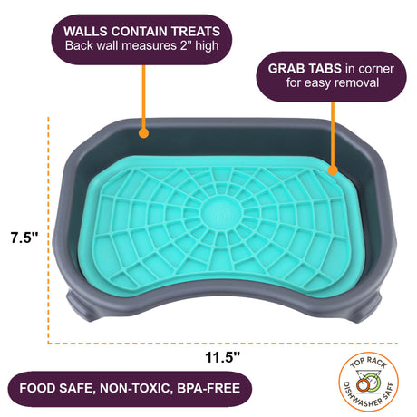 Aquamarine Neat-Lik Express licking mat in its 11.5 by 7.5 inch tray, with 2-inch walls that contain treats and corner grab tabs; food safe, non-toxic and BPA-free