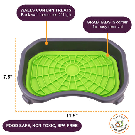 Green Neat-Lik Express licking mat in its 11.5 by 7.5 inch tray, with 2-inch walls that contain treats and corner grab tabs; food safe, non-toxic and BPA-free