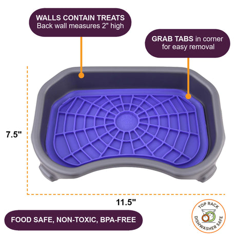 Purple Neat-Lik Express licking mat in its 11.5 by 7.5 inch tray, with 2-inch walls that contain treats and corner grab tabs; food safe, non-toxic and BPA-free