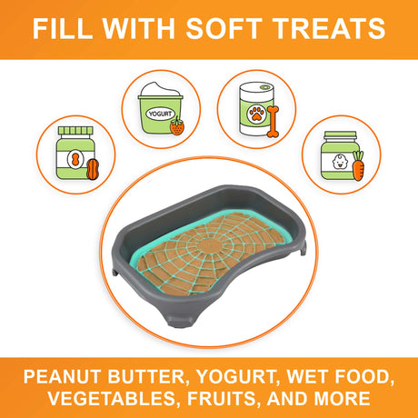 Fill the aquamarine Neat-Lik Express licking mat for dogs and cats with soft treats: peanut butter, yogurt, wet food, vegetables, fruits and more