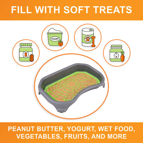 Fill the green Neat-Lik Express licking mat for dogs and cats with soft treats: peanut butter, yogurt, wet food, vegetables, fruits and more