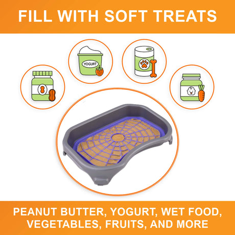 Fill the purple Neat-Lik Express licking mat for dogs and cats with soft treats: peanut butter, yogurt, wet food, vegetables, fruits and more