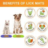 Cat and Dog sitting with the Neat-Lik Mats, explaining the benefits of the mat, which include: cures boredom, reduces anxiety, promotes dental health, and more. 