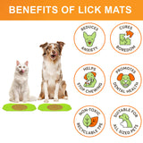 Cat and Dog sitting with the Neat-Lik Mats, explaining the benefits of the mat, which include: cures boredom, reduces anxiety, promotes dental health, and more. 