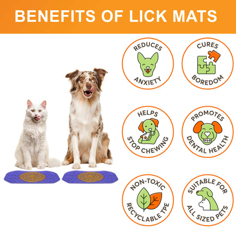 Cat and Dog sitting with the Neat-Lik Mats, explaining the benefits of the mat, which include: cures boredom, reduces anxiety, promotes dental health, and more. 