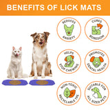 Benefits of the purple Neat-Lik Express licking mat for dogs and cats: reduces anxiety, cures boredom, stops chewing, promotes dental health, non-toxic TPE, suits all sized pets