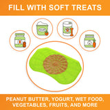 A picture of the Neat-Lik mat with the text "Fill with soft treats peanut butter, yogurt, wet food, vegetables, fruits, and more"