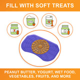 A picture of the Neat-Lik mat with the text "Fill with soft treats peanut butter, yogurt, wet food, vegetables, fruits, and more"