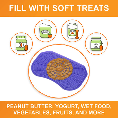 A picture of the Neat-Lik mat with the text "Fill with soft treats peanut butter, yogurt, wet food, vegetables, fruits, and more"
