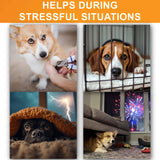 An image of dogs in stressful situations including nail trims, crate time, thunderstorms, and fireworks. The header says "Helps during stressful situations."
