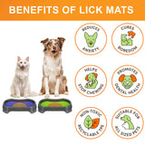 Cat and Dog sitting with the Neat-Lik Mats, explaining the benefits of the mat, which include: cures boredom, reduces anxiety, promotes dental health, and more. 