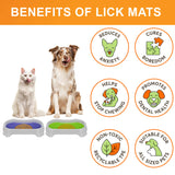 Cat and Dog sitting with the Neat-Lik Mats, explaining the benefits of the mat, which include: cures boredom, reduces anxiety, promotes dental health, and more. 
