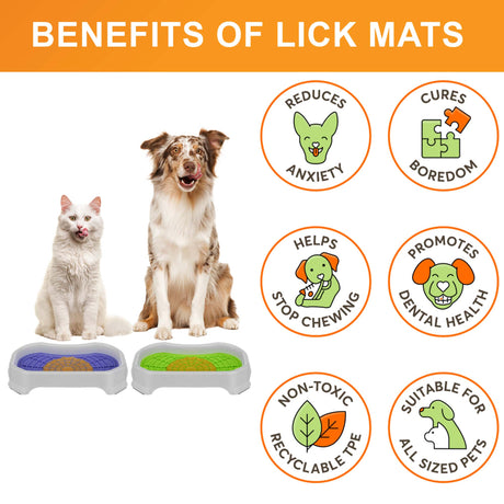 Cat and Dog sitting with the Neat-Lik Mats, explaining the benefits of the mat, which include: cures boredom, reduces anxiety, promotes dental health, and more. 