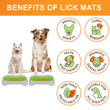Cat and Dog sitting with the Neat-Lik Mats, explaining the benefits of the mat, which include: cures boredom, reduces anxiety, promotes dental health, and more. 