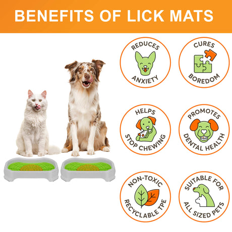 Cat and Dog sitting with the Neat-Lik Mats, explaining the benefits of the mat, which include: cures boredom, reduces anxiety, promotes dental health, and more. 