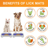 Cat and Dog sitting with the Neat-Lik Mats, explaining the benefits of the mat, which include: cures boredom, reduces anxiety, promotes dental health, and more. 