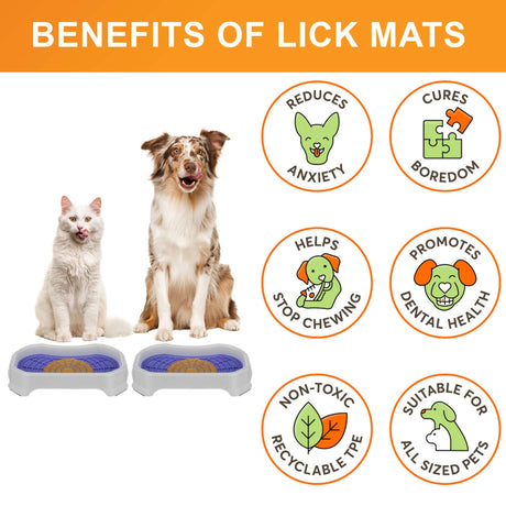 Cat and Dog sitting with the Neat-Lik Mats, explaining the benefits of the mat, which include: cures boredom, reduces anxiety, promotes dental health, and more. 