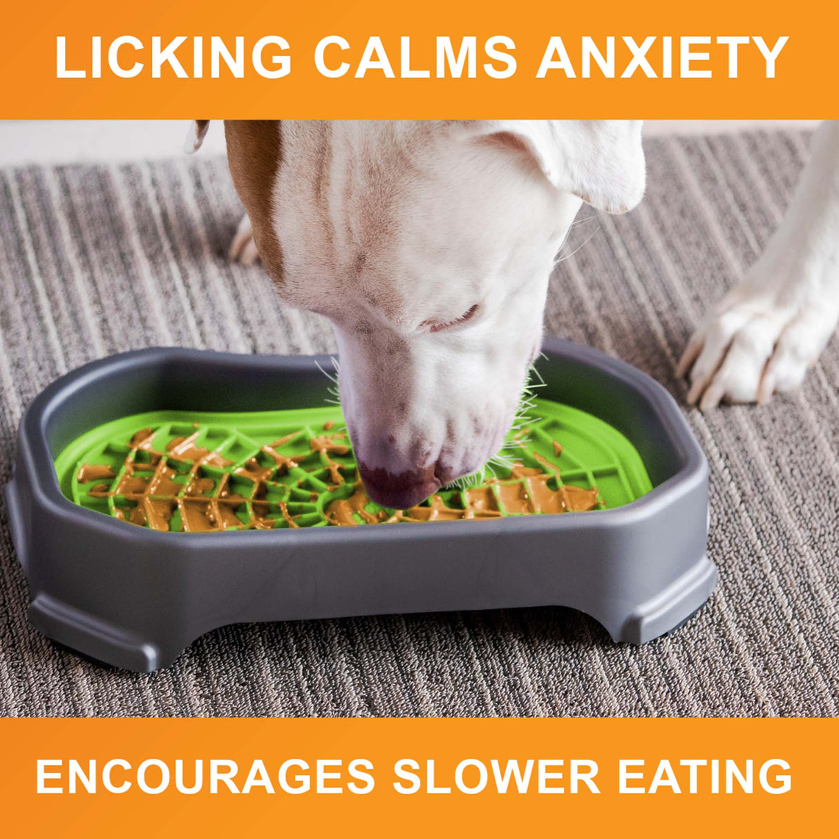 Dog licking peanut butter from the purple Neat-Lik Mat Slow Feed Licking Mat with text that reads "Encourages slow eating and reduces anxiety."