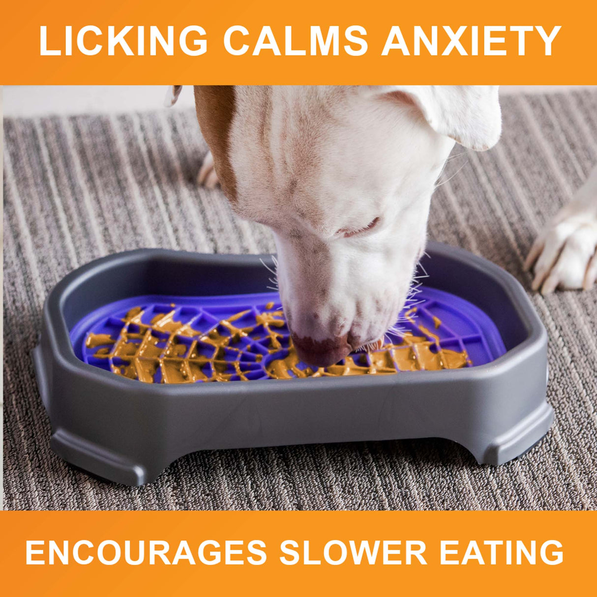 Dog licking peanut butter from the purple Neat-Lik Mat Slow Feed Licking Mat with text that reads "Encourages slow eating and reduces anxiety."