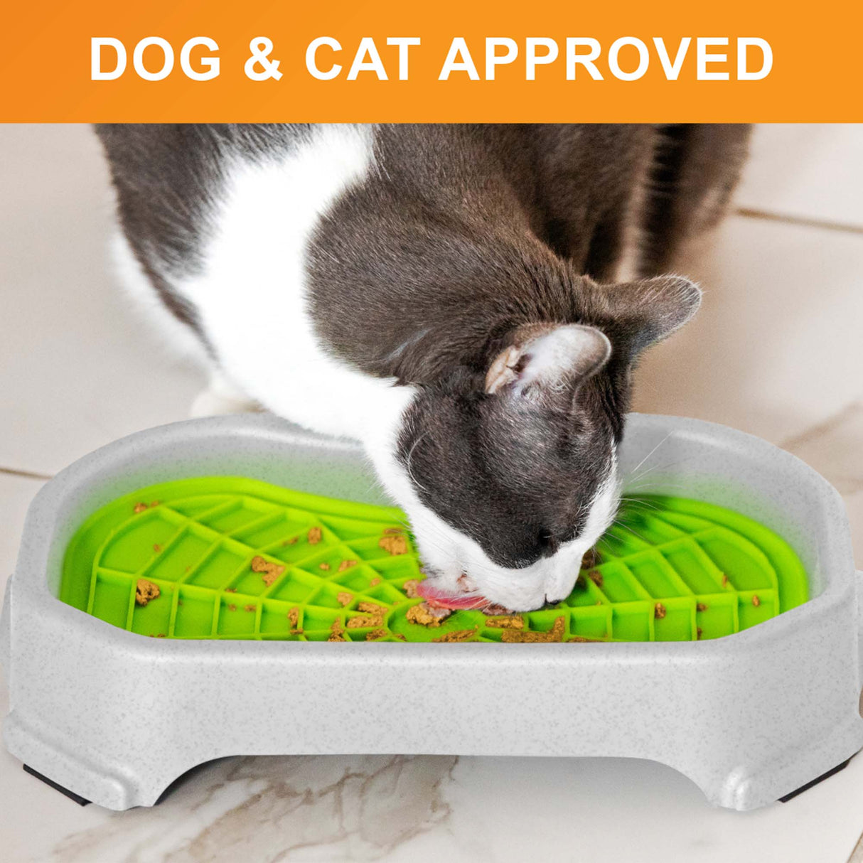 Cat licking food out of the Neat-Lik Mat Slow Feed Licking Mat with the base with text that says "Dog and cat approved."