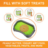 A picture of the Neat-Lik mat inside the protective tray with the text "Fill with soft treats peanut butter, yogurt, wet food, vegetables, fruits, and more."