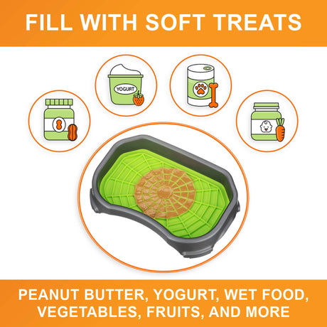 A picture of the Neat-Lik mat inside the protective tray with the text "Fill with soft treats peanut butter, yogurt, wet food, vegetables, fruits, and more."