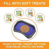 A picture of the Neat-Lik mat inside the protective tray with the text "Fill with soft treats peanut butter, yogurt, wet food, vegetables, fruits, and more."
