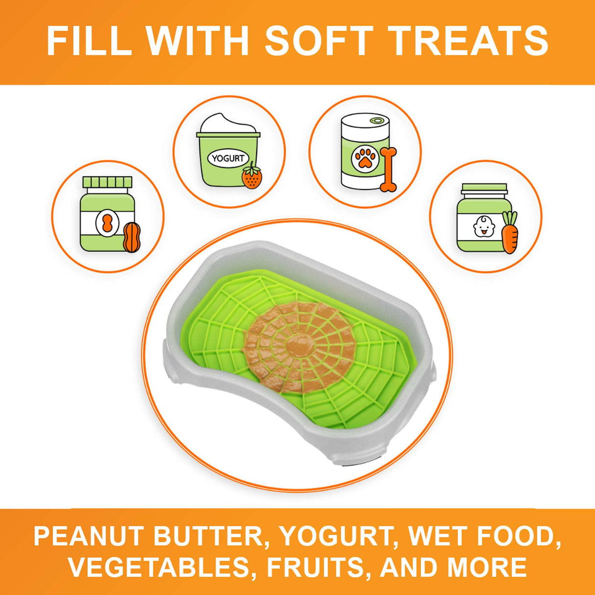 A picture of the Neat-Lik mat inside the protective tray with the text "Fill with soft treats peanut butter, yogurt, wet food, vegetables, fruits, and more."