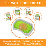 A picture of the Neat-Lik mat inside the protective tray with the text "Fill with soft treats peanut butter, yogurt, wet food, vegetables, fruits, and more."